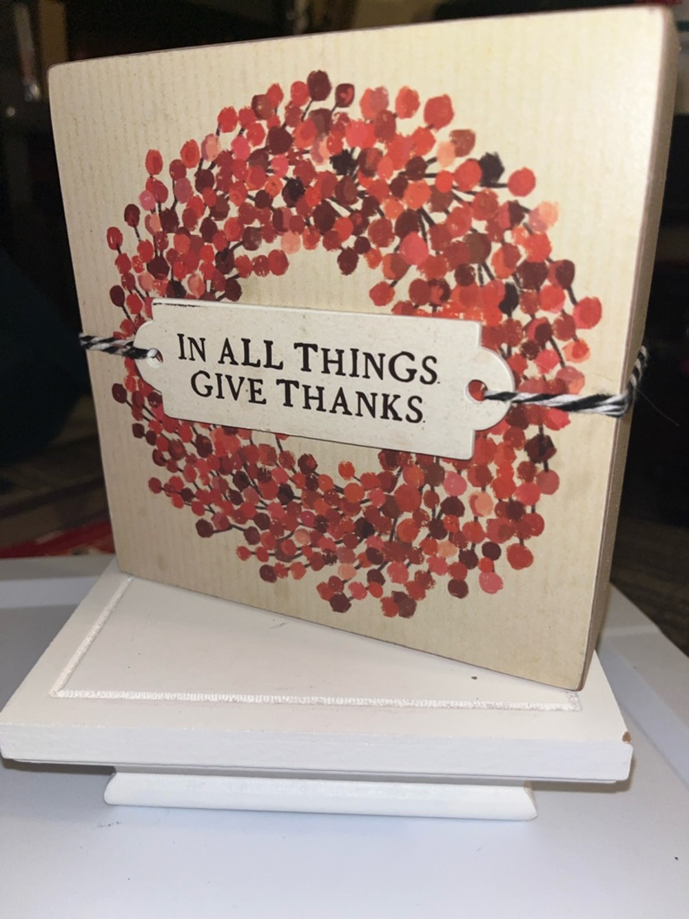 Give Thanks Red Wreath Decorative Block Sign -